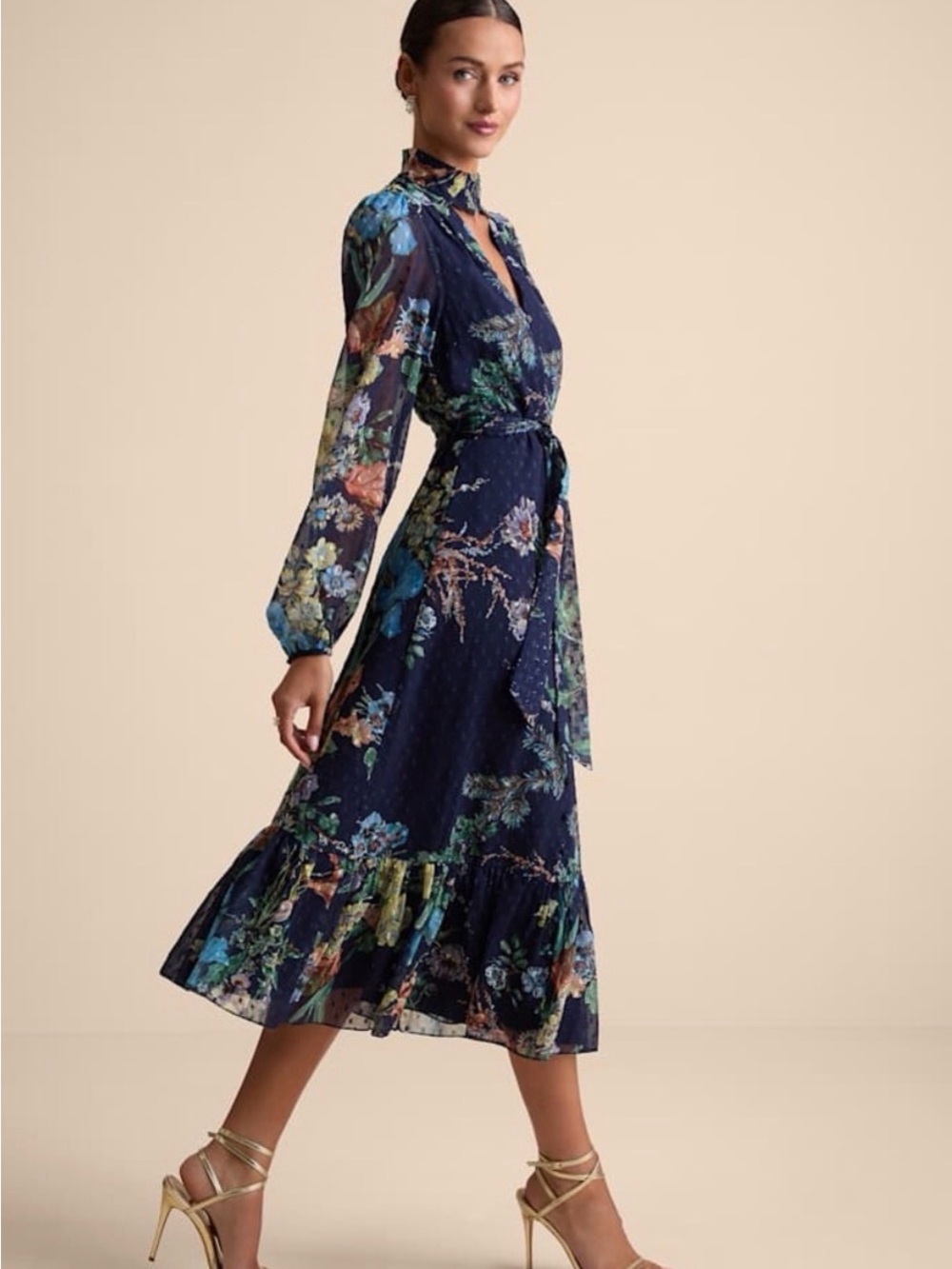 Lulu's Navy Multi Floral Tie-Front Midi Dress
